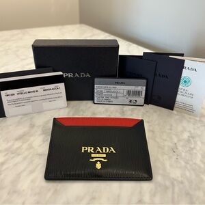 Prada Black & Red Vitello Move Leather Card Holder with Gold Logo 1MC208